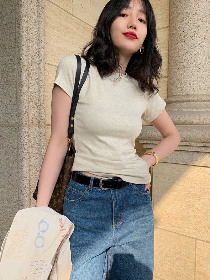 American style white t-shirt for women, short sleeves, shoulder length, 2025 new style, slim round neck, cotton layered bottoming top - Image 22