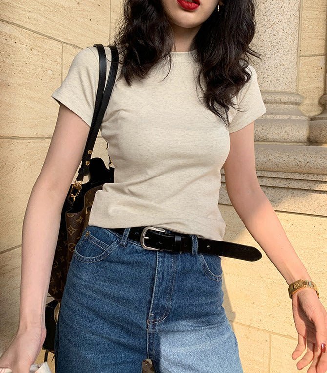 American style white t-shirt for women, short sleeves, shoulder length, 2025 new style, slim round neck, cotton layered bottoming top - Image 25