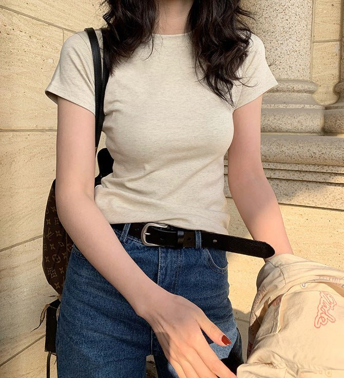 American style white t-shirt for women, short sleeves, shoulder length, 2025 new style, slim round neck, cotton layered bottoming top - Image 27