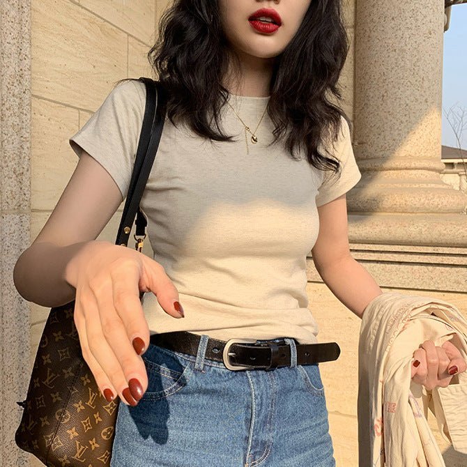 American style white t-shirt for women, short sleeves, shoulder length, 2025 new style, slim round neck, cotton layered bottoming top - Image 28