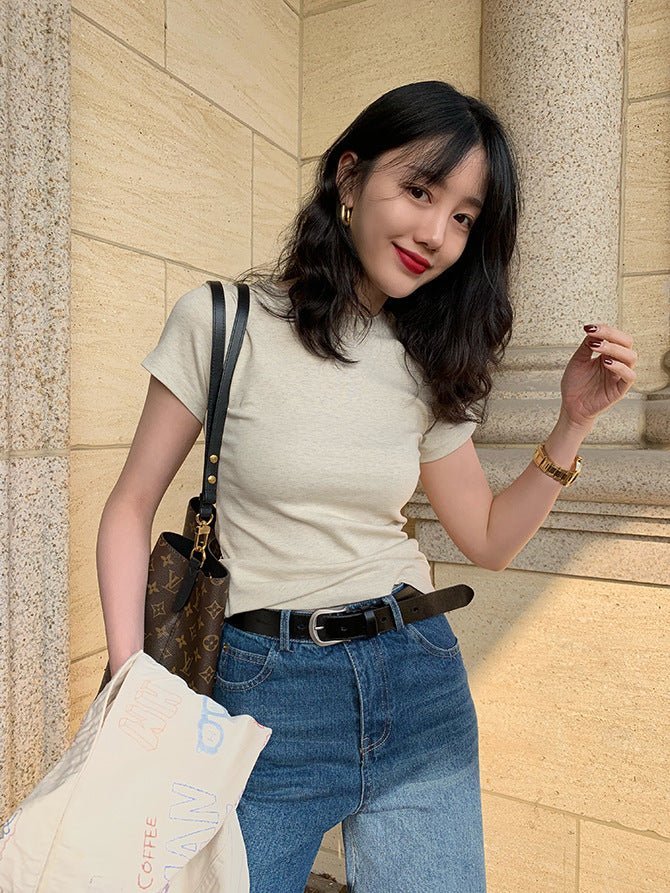 American style white t-shirt for women, short sleeves, shoulder length, 2025 new style, slim round neck, cotton layered bottoming top FD - Image 20