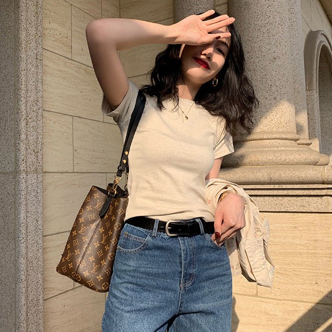 American style white t-shirt for women, short sleeves, shoulder length, 2025 new style, slim round neck, cotton layered bottoming top FD - Image 32