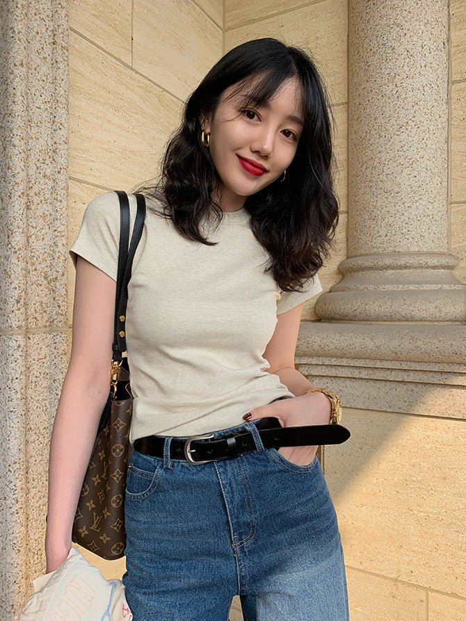 American style white t-shirt for women, short sleeves, shoulder length, 2025 new style, slim round neck, cotton layered bottoming top FD - Image 33