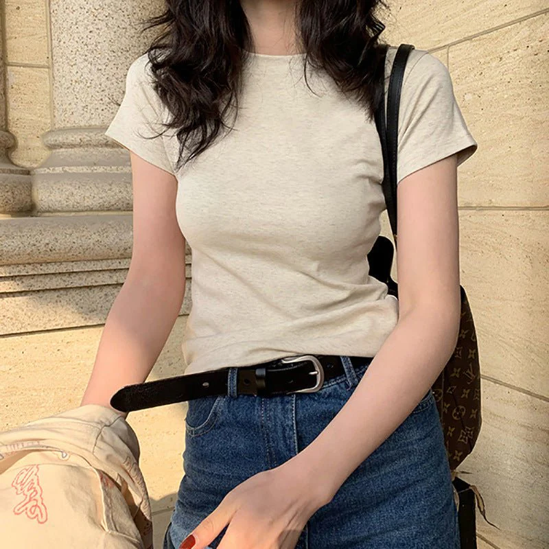 American style white t-shirt for women, short sleeves, shoulder length, 2025 new style, slim round neck, cotton layered bottoming top FD - Image 5
