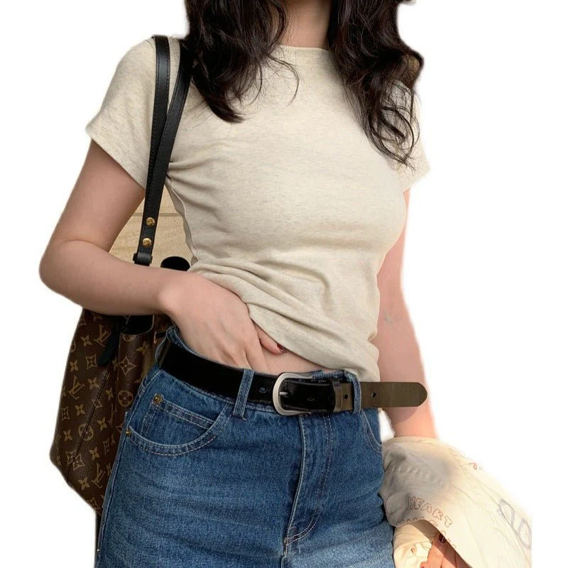 American style white t-shirt for women, short sleeves, shoulder length, 2025 new style, slim round neck, cotton layered bottoming top FD - Image 8