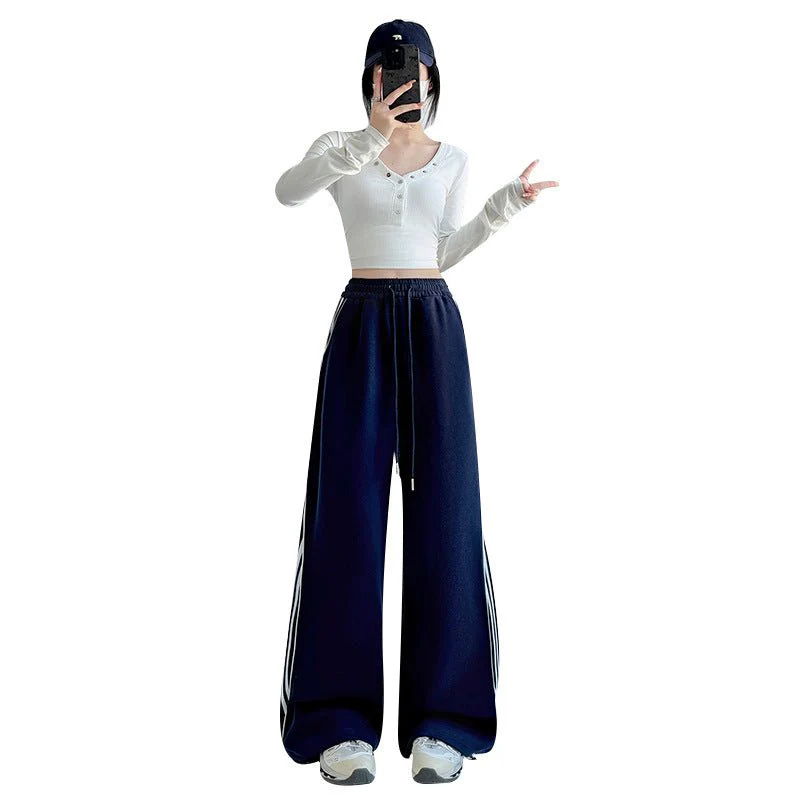 American sweatpants women's clothing 2025 new pants women's spring and autumn design sense casual wide-leg pants straight striped sweatpants - Image 5