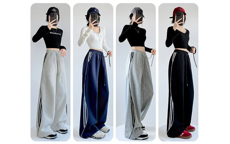 American sweatpants women's clothing 2025 new pants women's spring and autumn design sense casual wide-leg pants straight striped sweatpants FD - Image 2