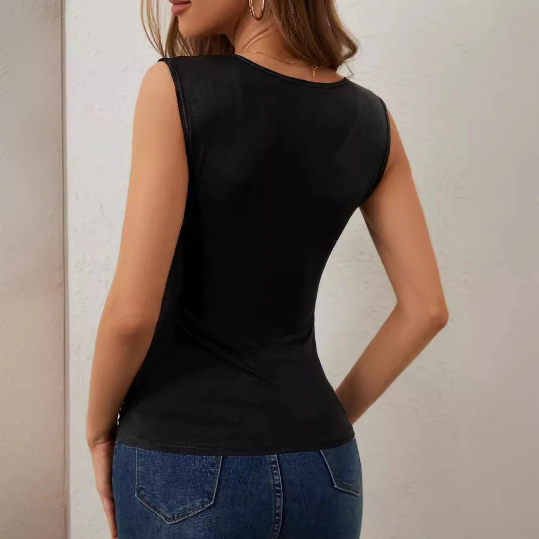 and the   2025 spring and summer elegant cross-fold hot diamond sleeveless vest slim T-shirt slim top women - Image 2