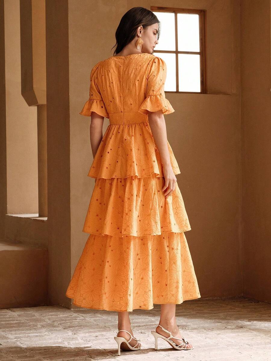 Anewsta Elegant V-Neck Orange Woven Vacation Dress For Women - Image 2