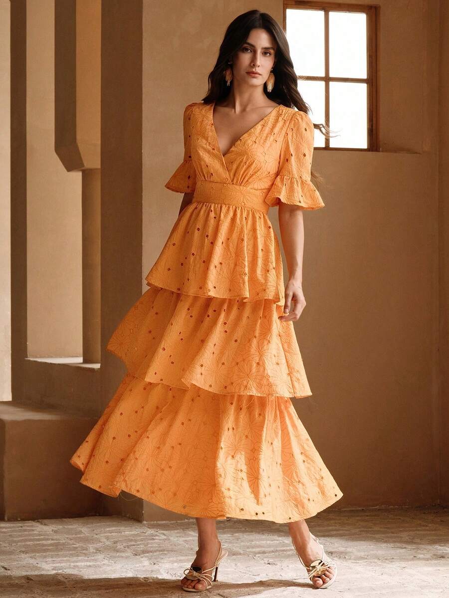 Anewsta Elegant V-Neck Orange Woven Vacation Dress For Women - Image 3