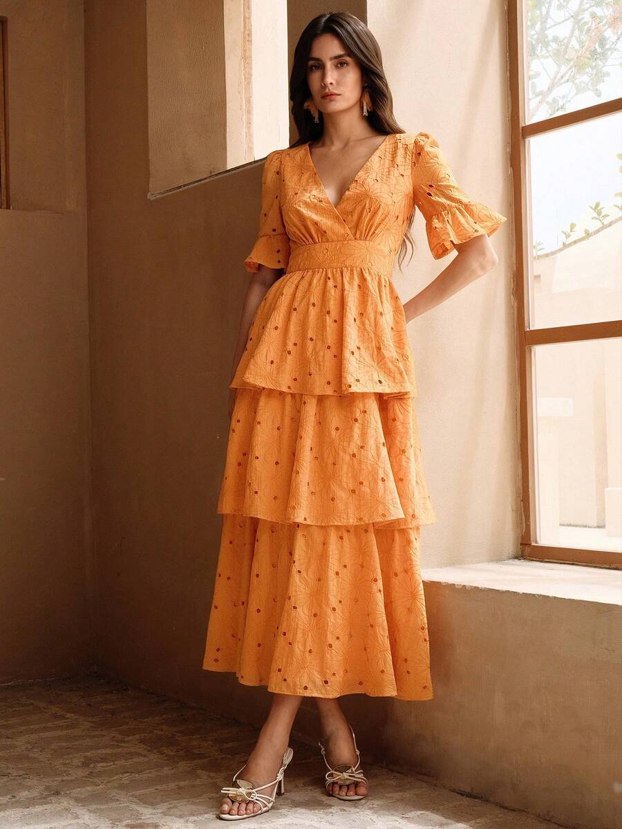 Anewsta Elegant V-Neck Orange Woven Vacation Dress For Women - Image 4