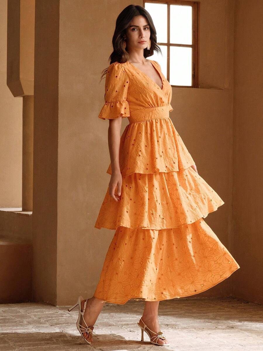Anewsta Elegant V-Neck Orange Woven Vacation Dress For Women - Image 7