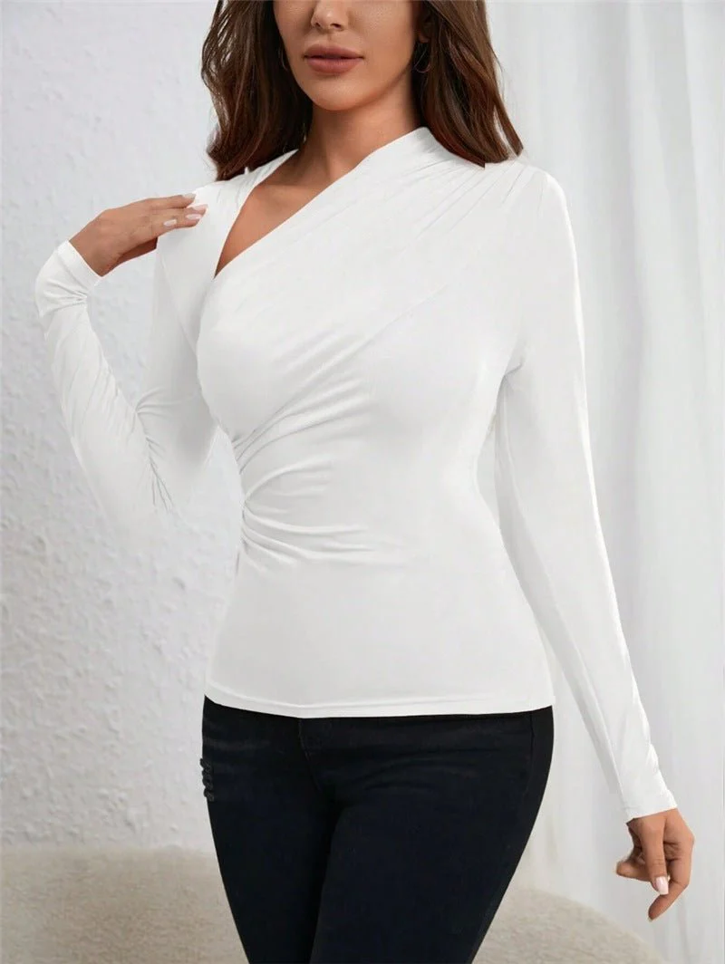 Asymmetric neckline pleated side long-sleeved T-shirt - Image 15
