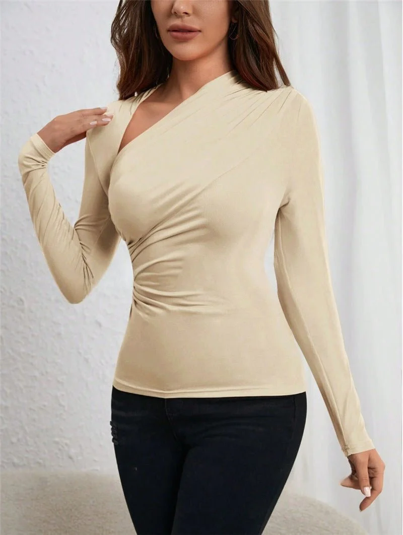 Asymmetric neckline pleated side long-sleeved T-shirt - Image 21