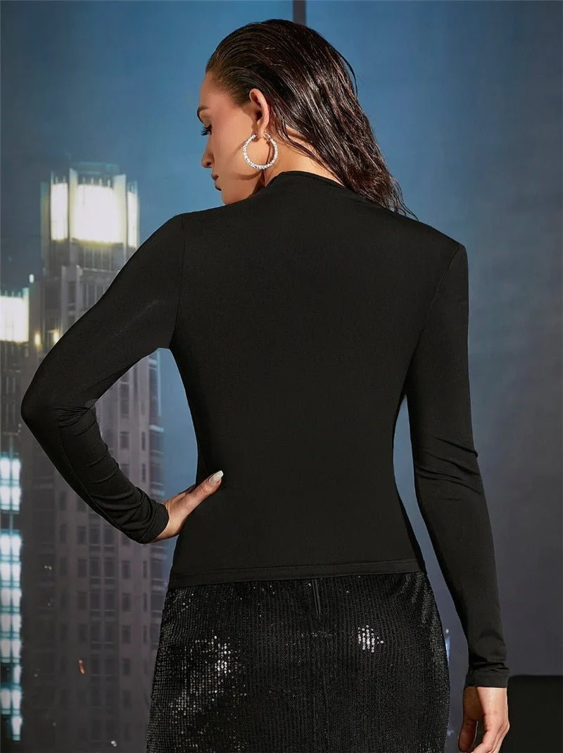 Asymmetric neckline pleated side long-sleeved T-shirt - Image 5