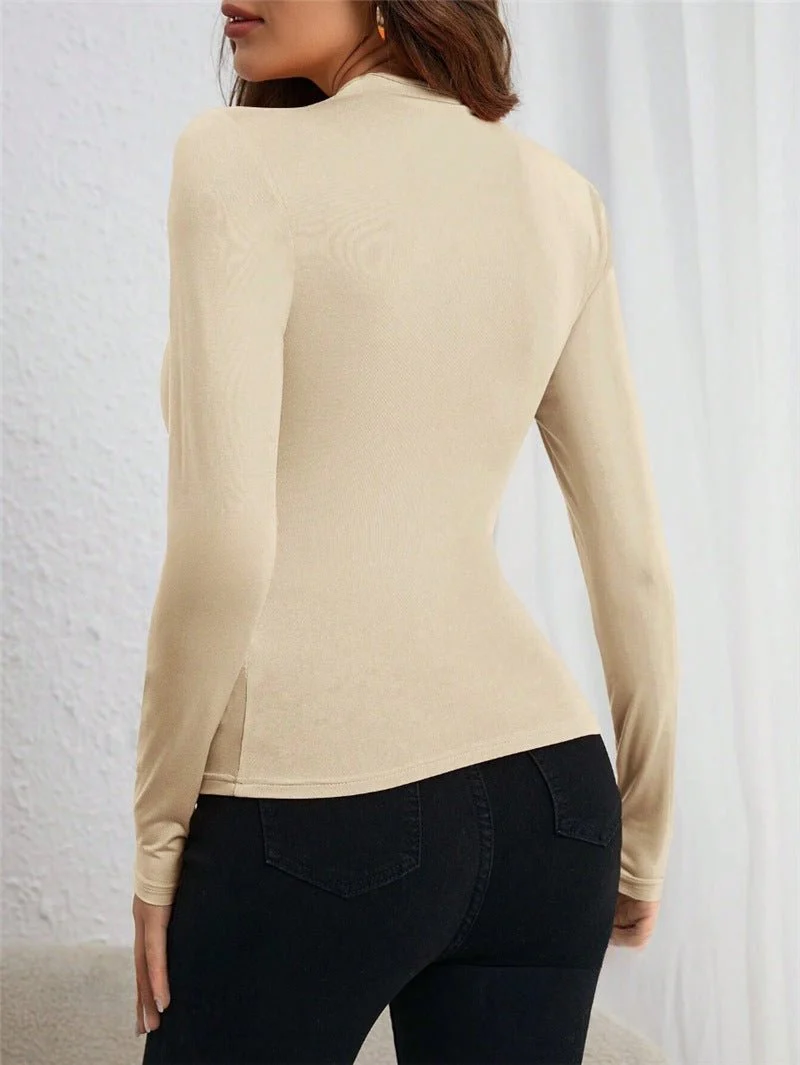Asymmetric neckline pleated side long-sleeved T-shirt  FD - Image 18