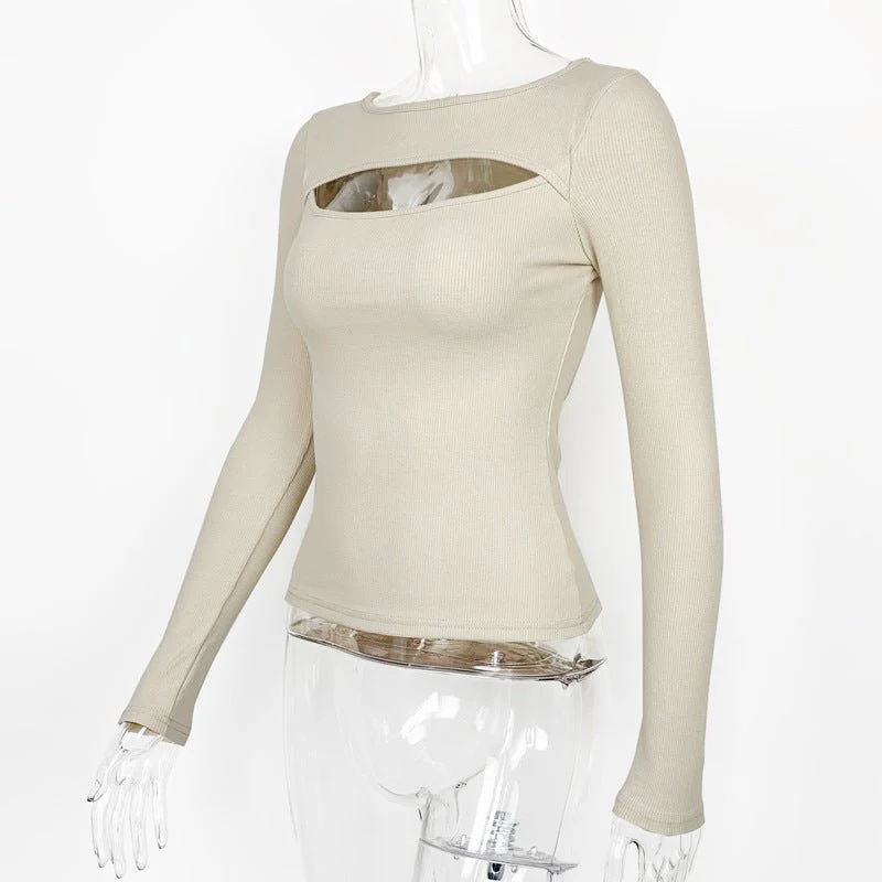 Autumn and winter new hollow long-sleeved tops, elastic ribbed T-shirt female - Image 16