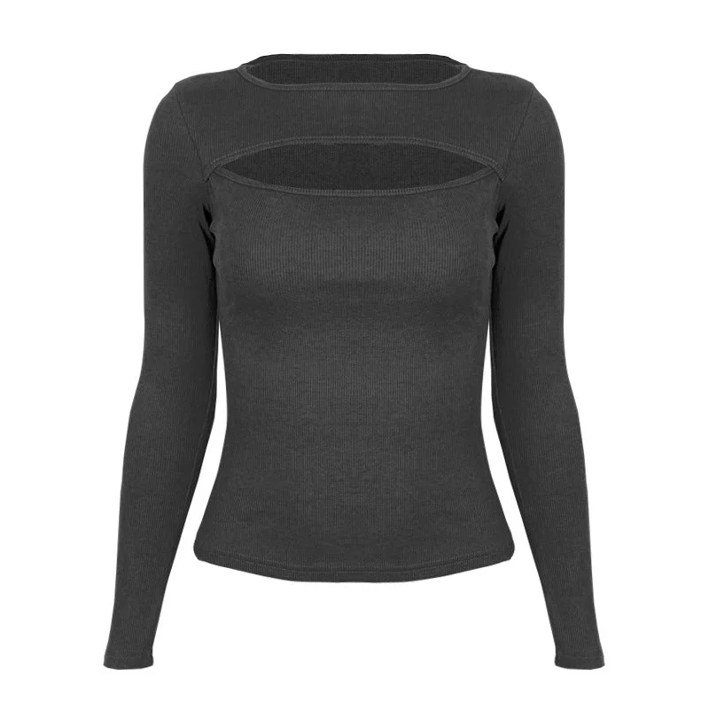 Autumn and winter new hollow long-sleeved tops, elastic ribbed T-shirt female - Image 22