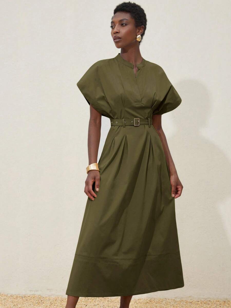 Aveloria Frievida Elegant Elegant Women's Commute & Date Dress, Luxury Design V-Neck Drop Shoulder Waist Cinched Pleated Dress With Belt - Image 3
