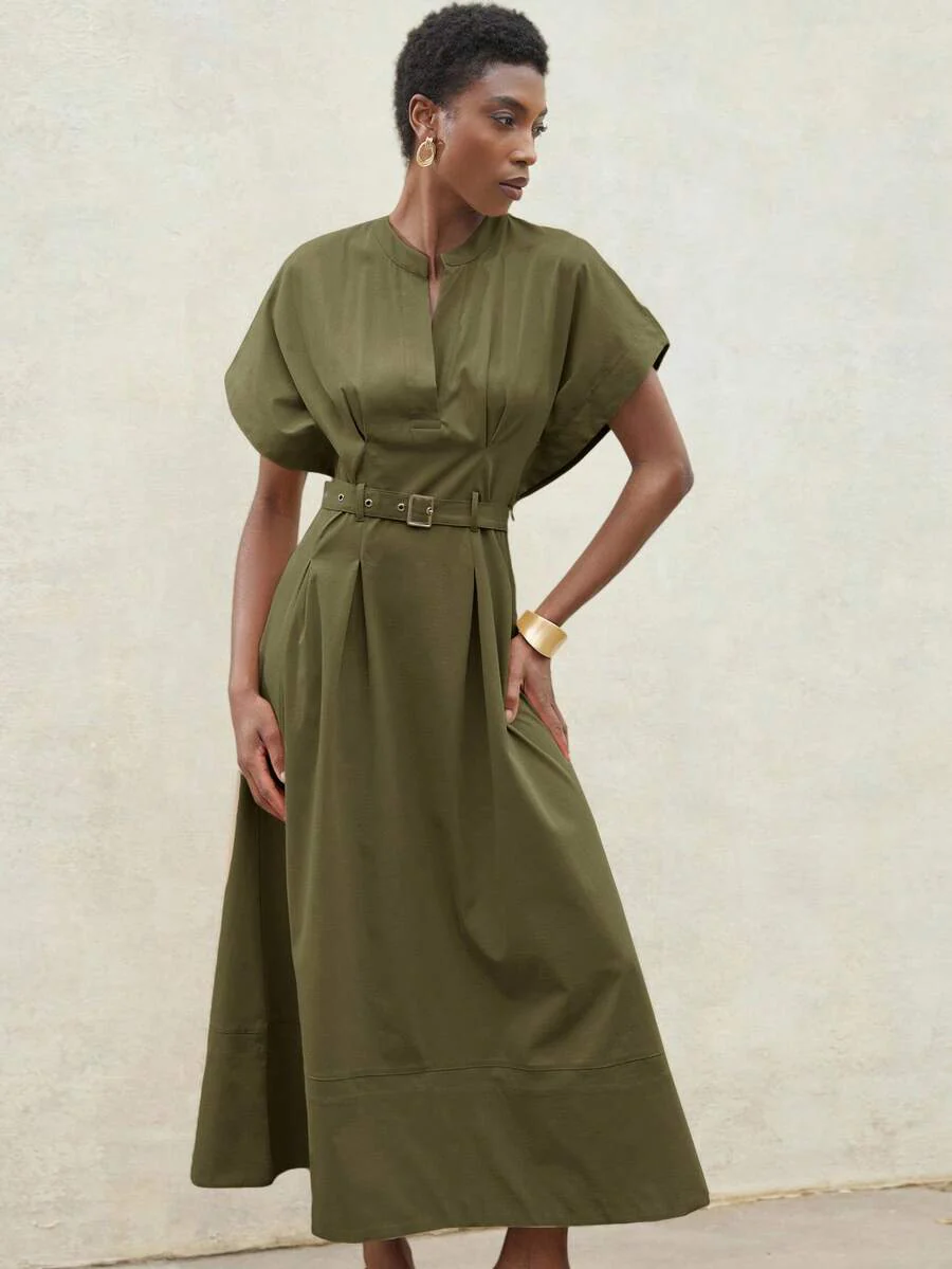 Aveloria Frievida Elegant Elegant Women's Commute & Date Dress, Luxury Design V-Neck Drop Shoulder Waist Cinched Pleated Dress With Belt - Image 5