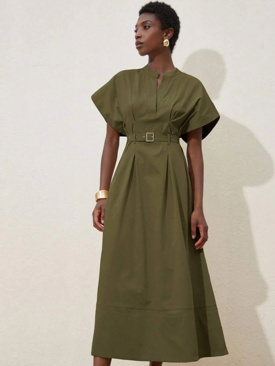 Aveloria Frievida Elegant Elegant Women's Commute & Date Dress, Luxury Design V-Neck Drop Shoulder Waist Cinched Pleated Dress With Belt - Image 6