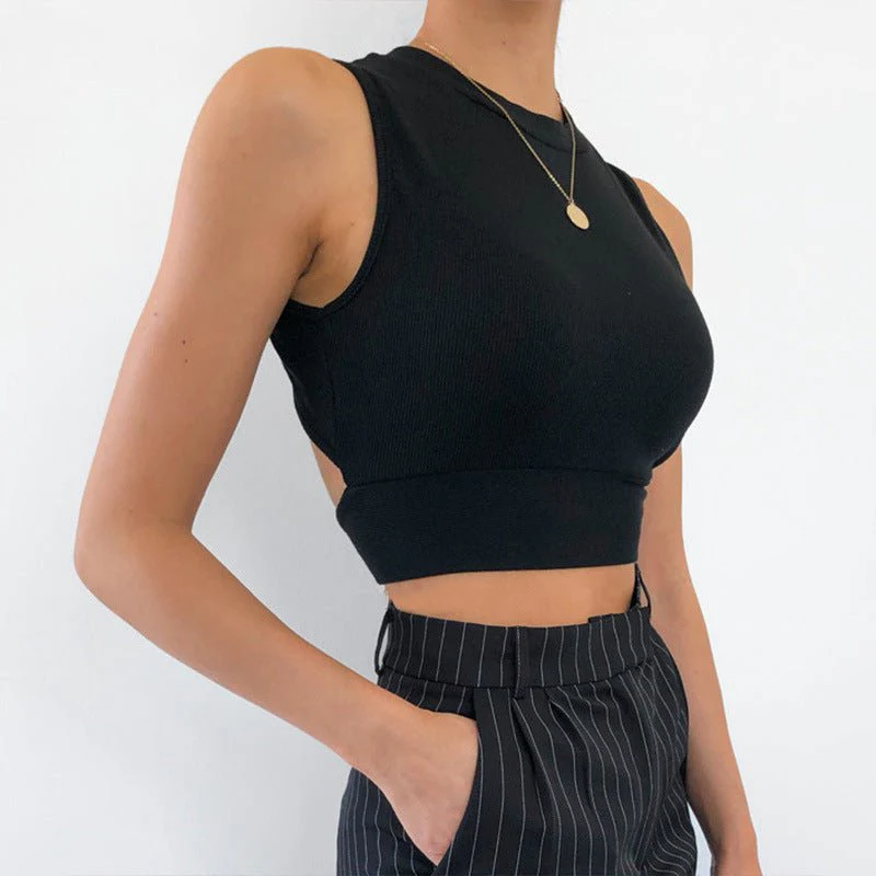 Backless Cross Strap Bowknot Top Women Sleeveless Pullover Round Neck Vest - Image 14