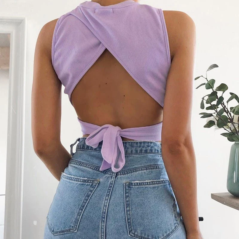 Backless Cross Strap Bowknot Top Women Sleeveless Pullover Round Neck Vest - Image 15