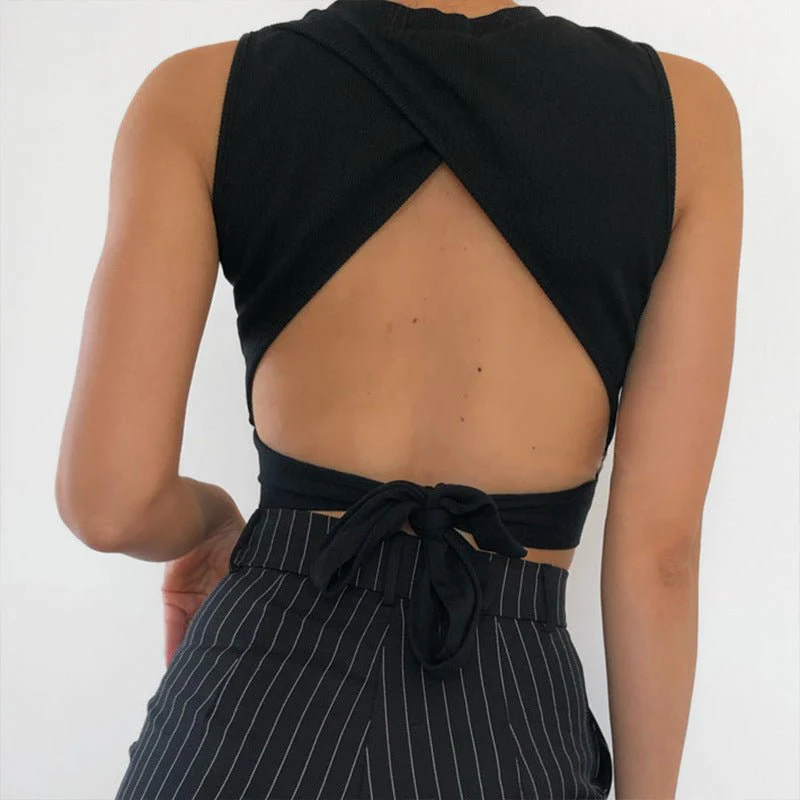 Backless Cross Strap Bowknot Top Women Sleeveless Pullover Round Neck Vest - Image 17