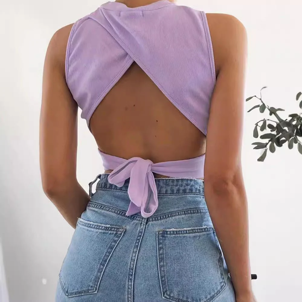 Backless Cross Strap Bowknot Top Women Sleeveless Pullover Round Neck Vest - Image 6