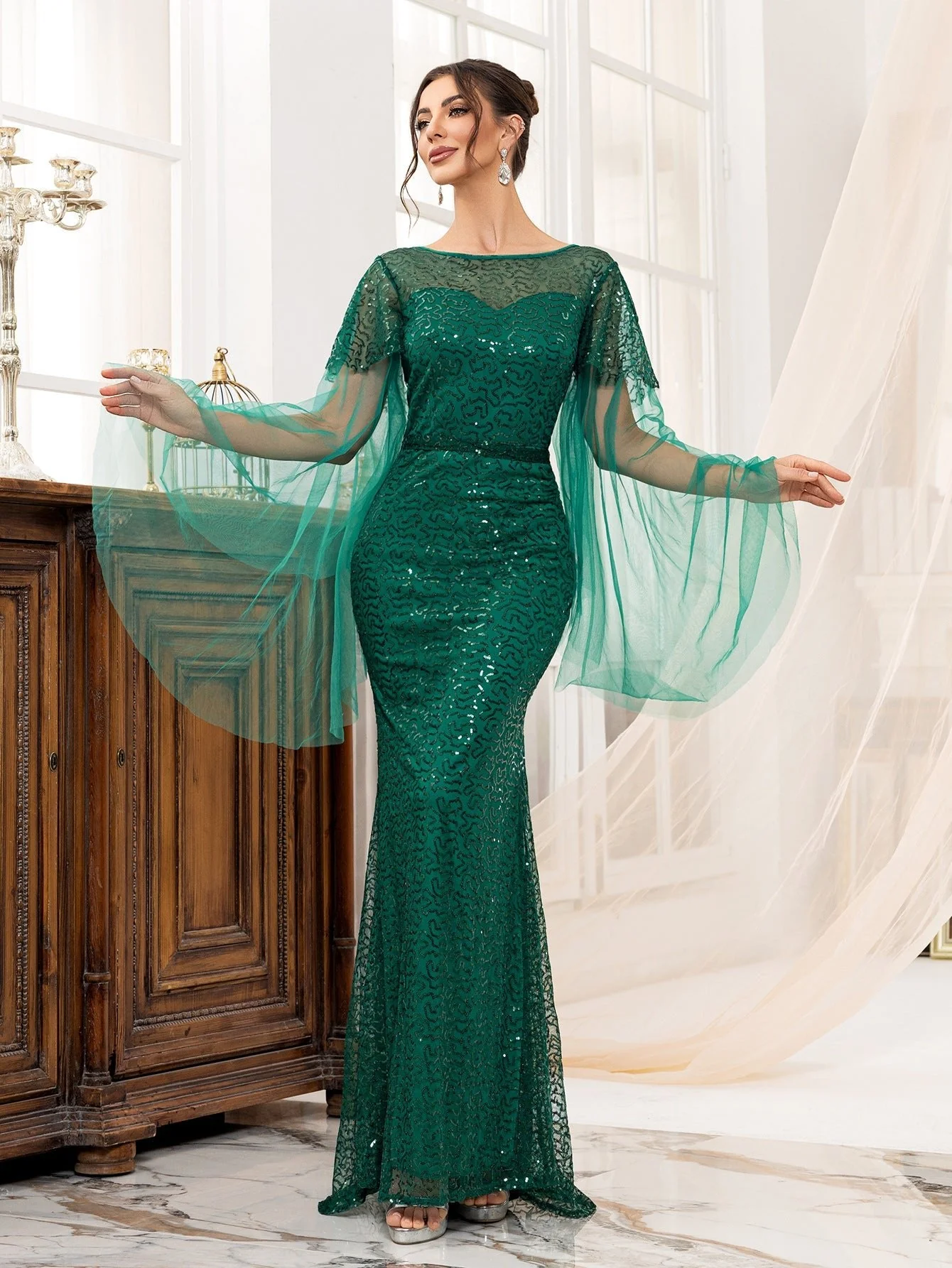 Backless green women's long-sleeved boat neck banquet sequined fishtail long evening dress  FD - Image 4