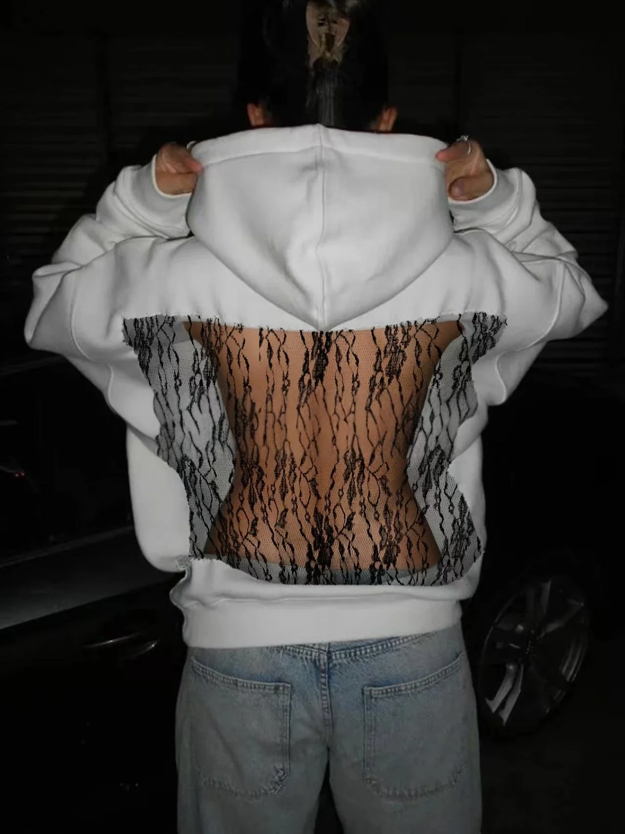 Backless Mesh Hoodie | Net Detail Sweatshirt - Image 17