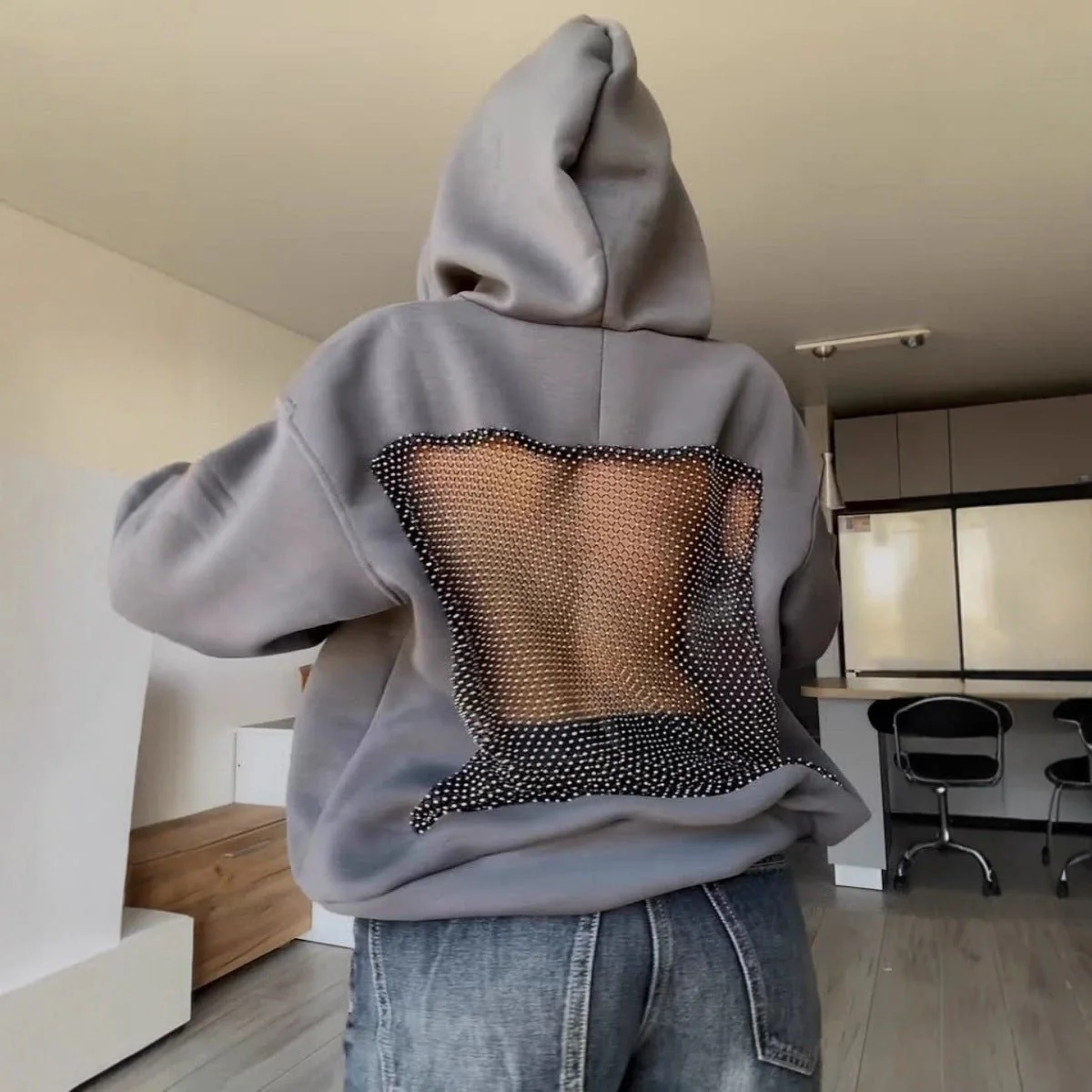Backless Mesh Hoodie | Net Detail Sweatshirt - Image 3