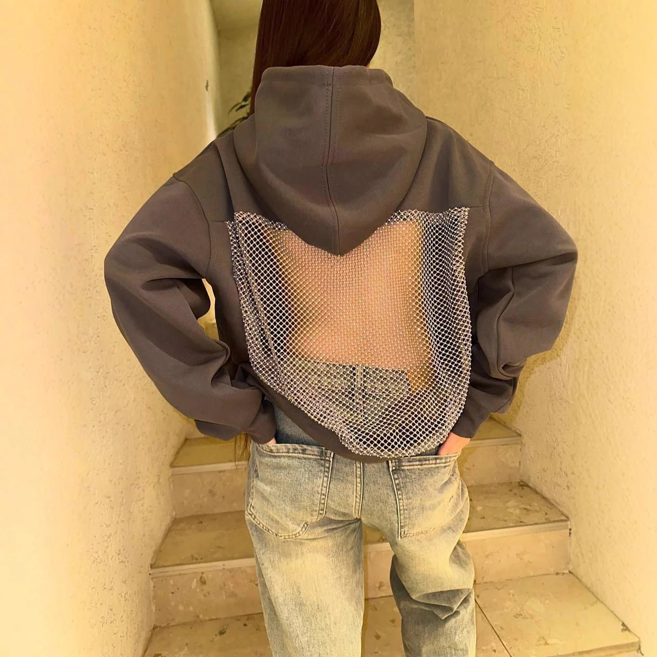 Backless Mesh Hoodie | Net Detail Sweatshirt - Image 6
