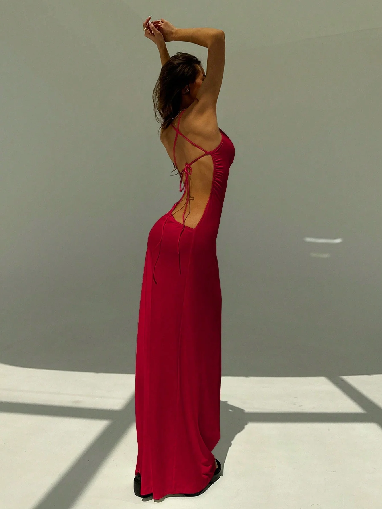 Backless Spaghetti Strap Tight Deep Draped Neck Long Dress For Women - Image 2