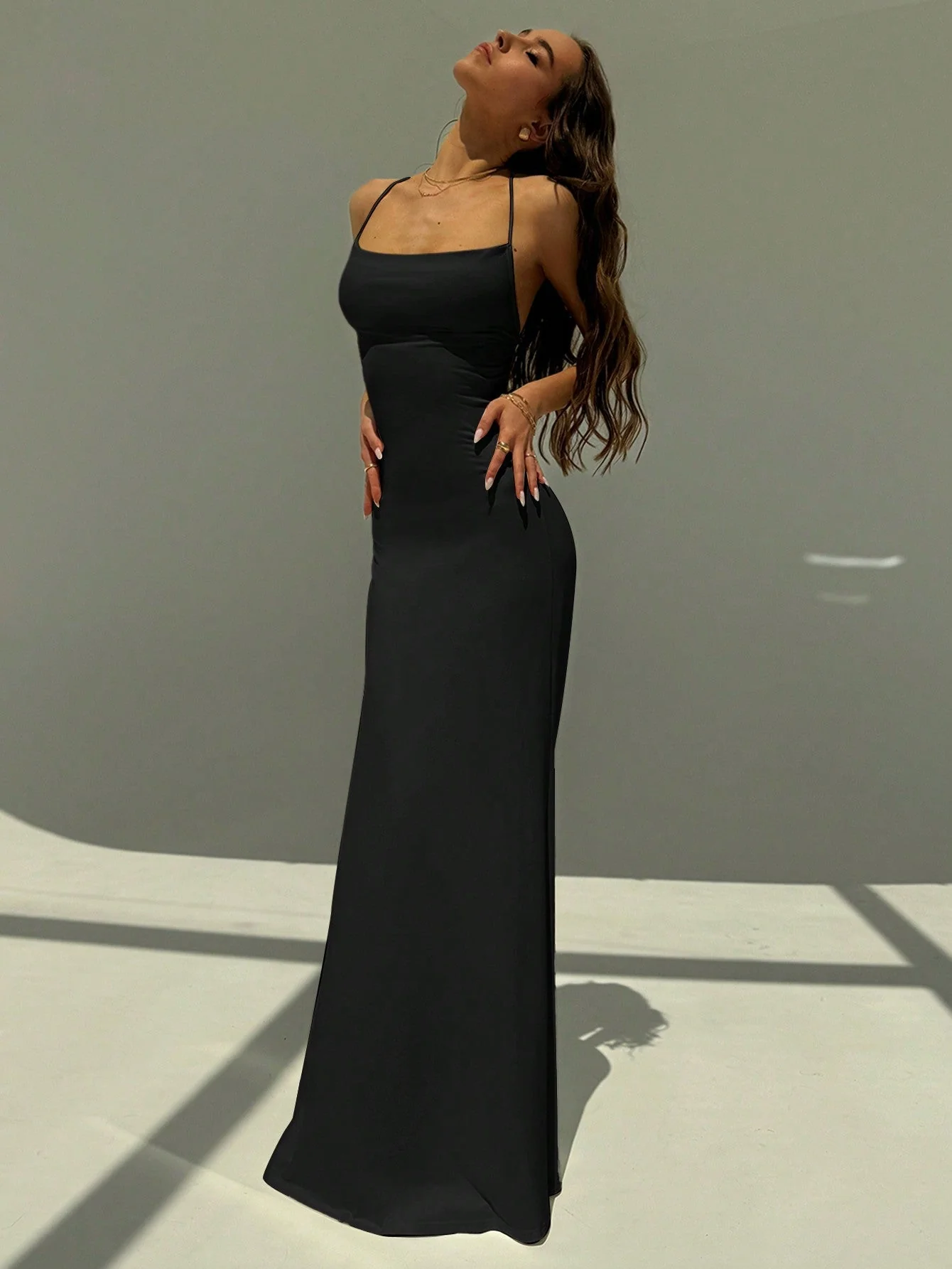 Backless Spaghetti Strap Tight Deep Draped Neck Long Dress For Women - Image 3