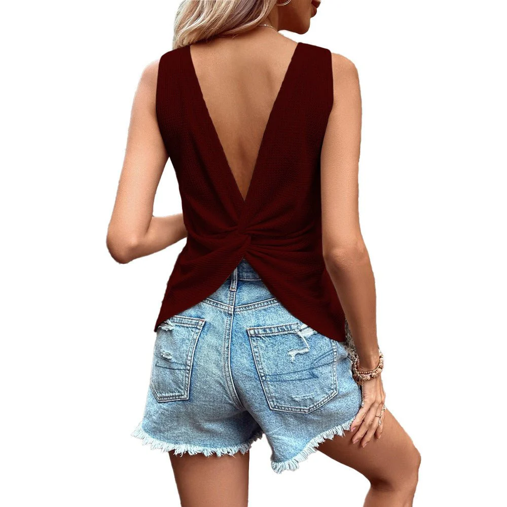 Backless V-Neck Waffle T-Shirt Vest - Image 7