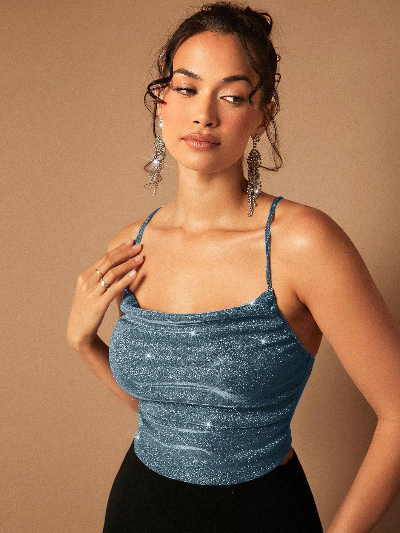 BAE Draped Crisscross Backless Ruched Glitter Cami Top FD - Image 16