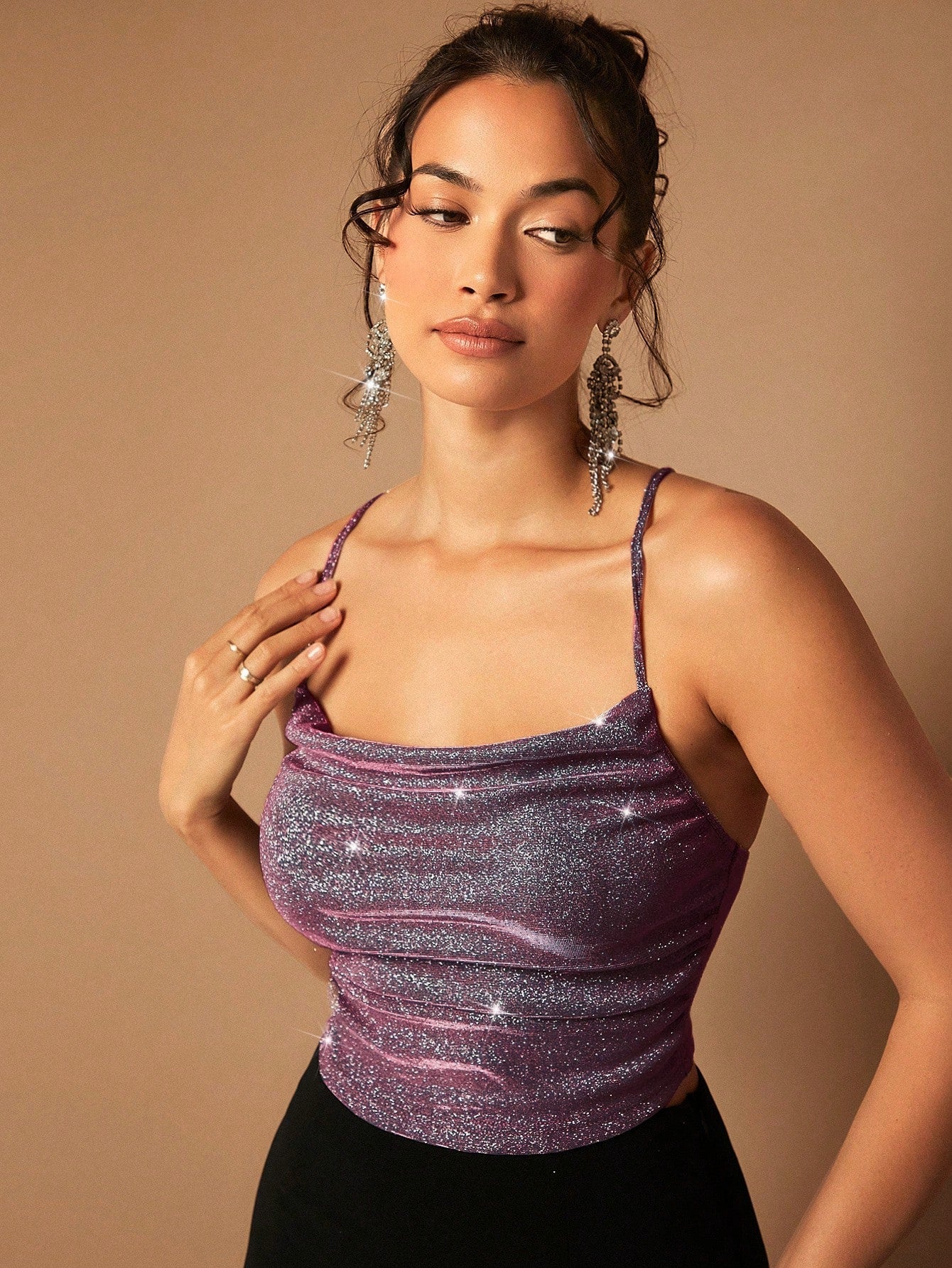 BAE Draped Crisscross Backless Ruched Glitter Cami Top FD - Image 18