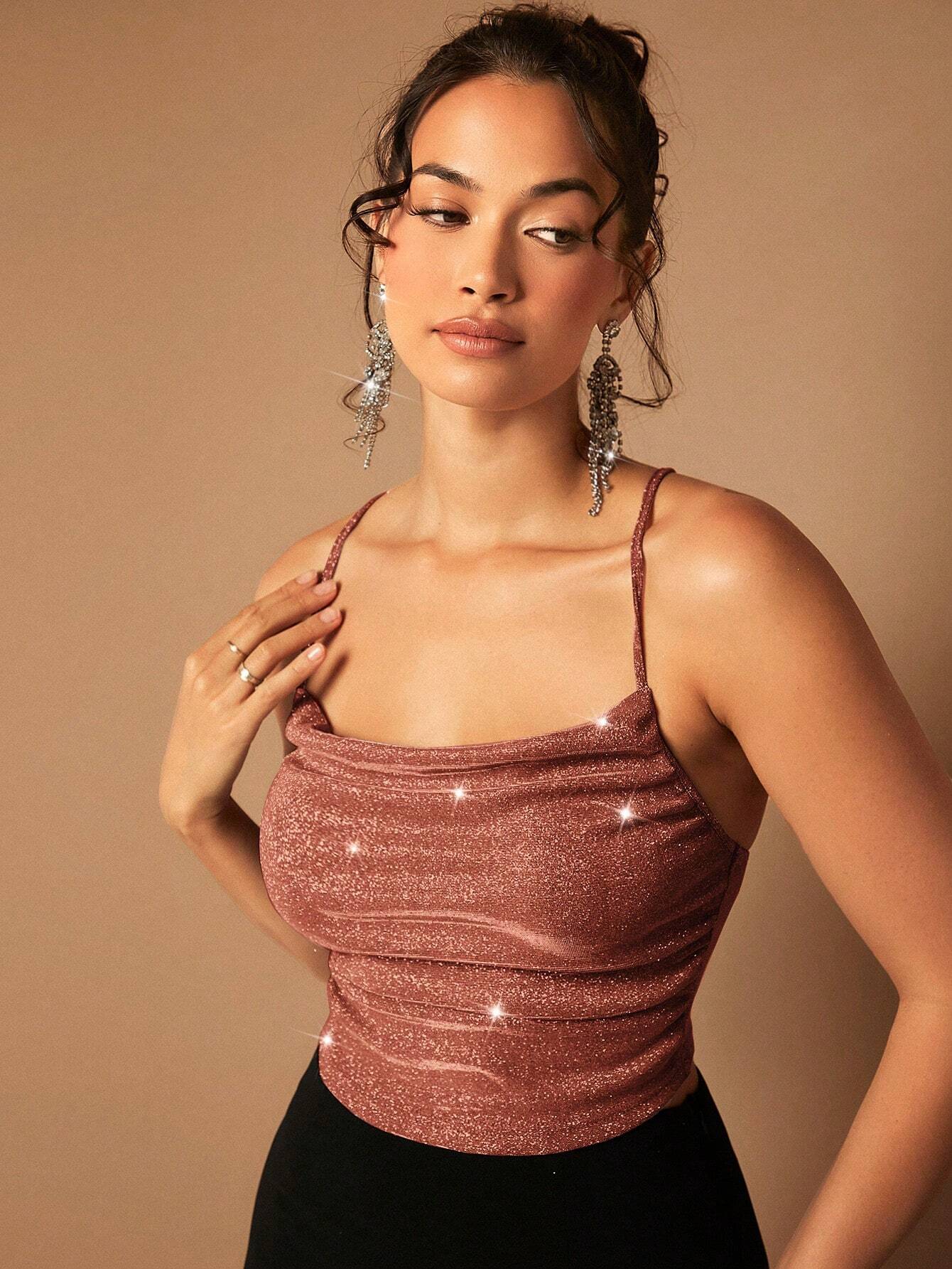 BAE Draped Crisscross Backless Ruched Glitter Cami Top FD - Image 25