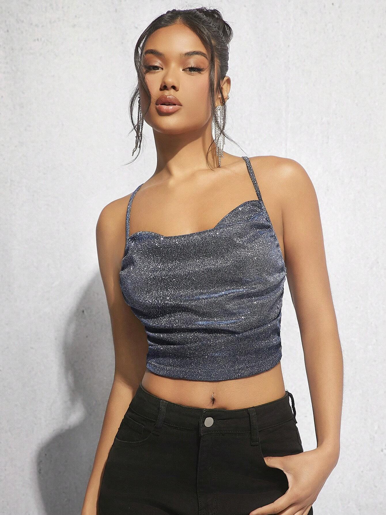 BAE Draped Crisscross Backless Ruched Glitter Cami Top FD - Image 26