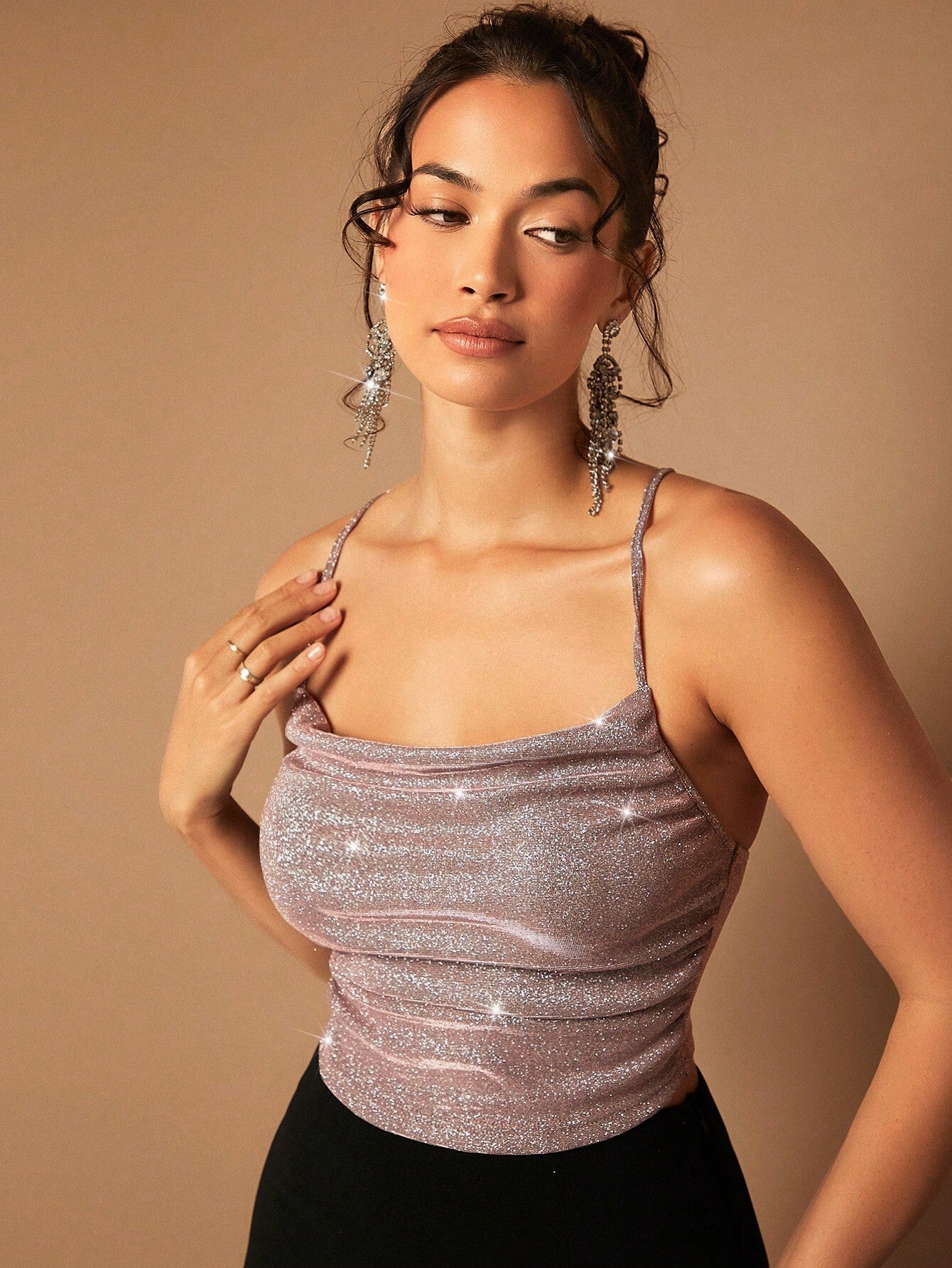 BAE Draped Crisscross Backless Ruched Glitter Cami Top FD - Image 28