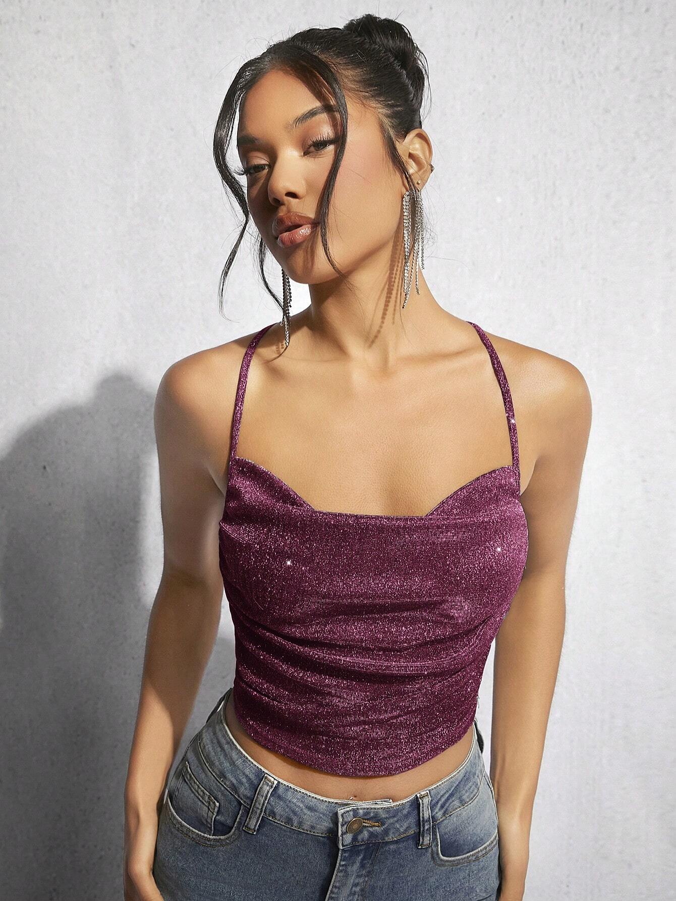 BAE Draped Crisscross Backless Ruched Glitter Cami Top FD - Image 31