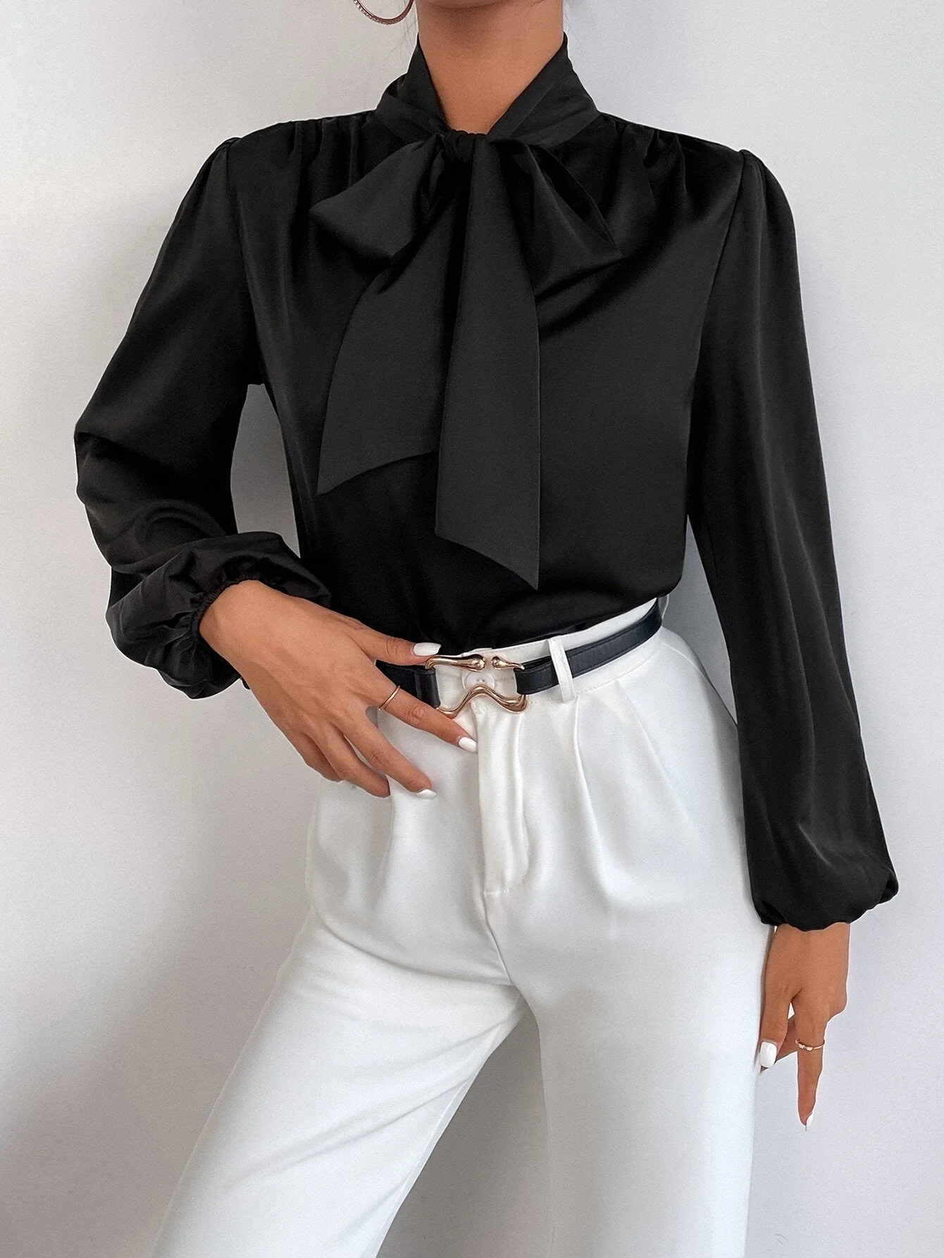 BAE Satin Tie Neck Bishop Sleeve Blouse - Image 11