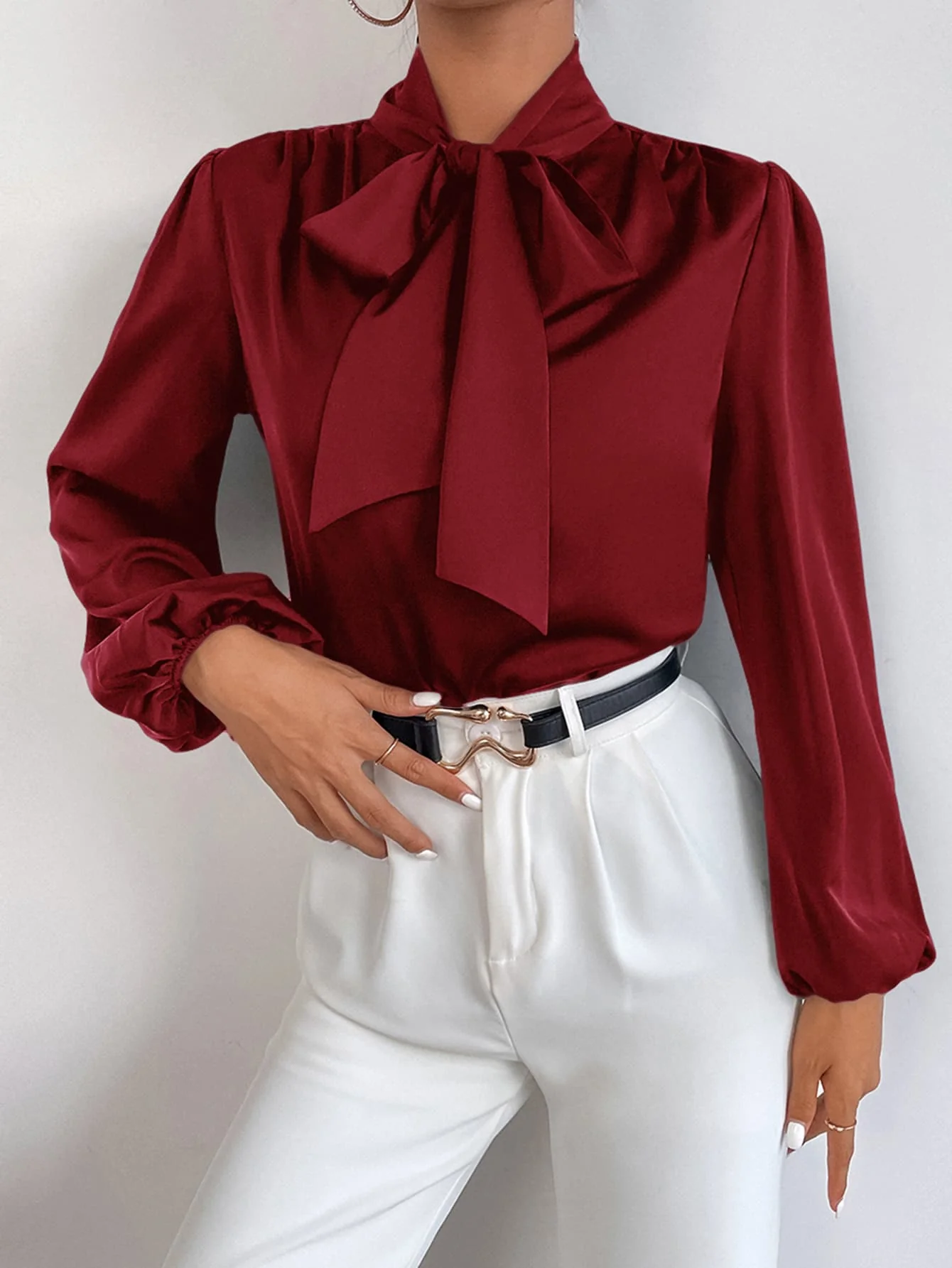 BAE Satin Tie Neck Bishop Sleeve Blouse - Image 13