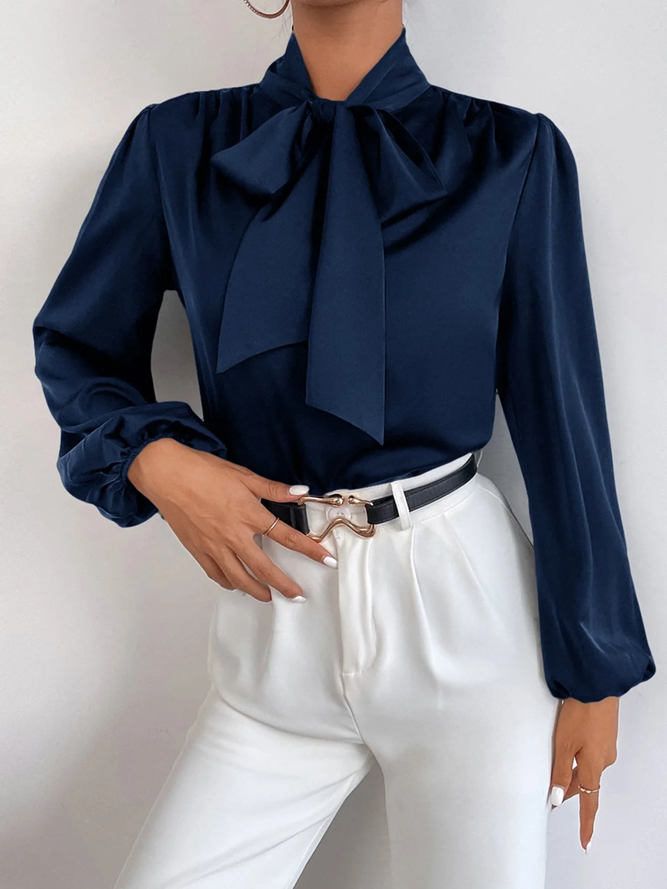 BAE Satin Tie Neck Bishop Sleeve Blouse - Image 4