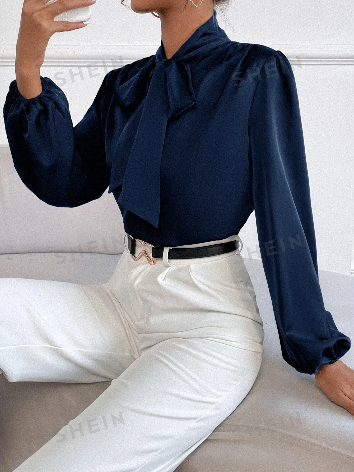 BAE Satin Tie Neck Bishop Sleeve Blouse - Image 7