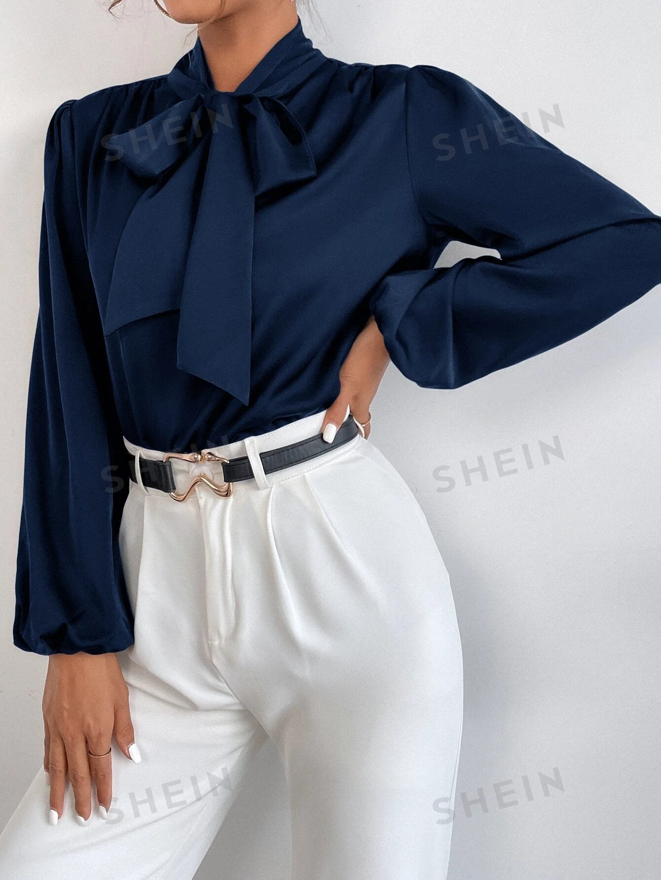 BAE Satin Tie Neck Bishop Sleeve Blouse - Image 9