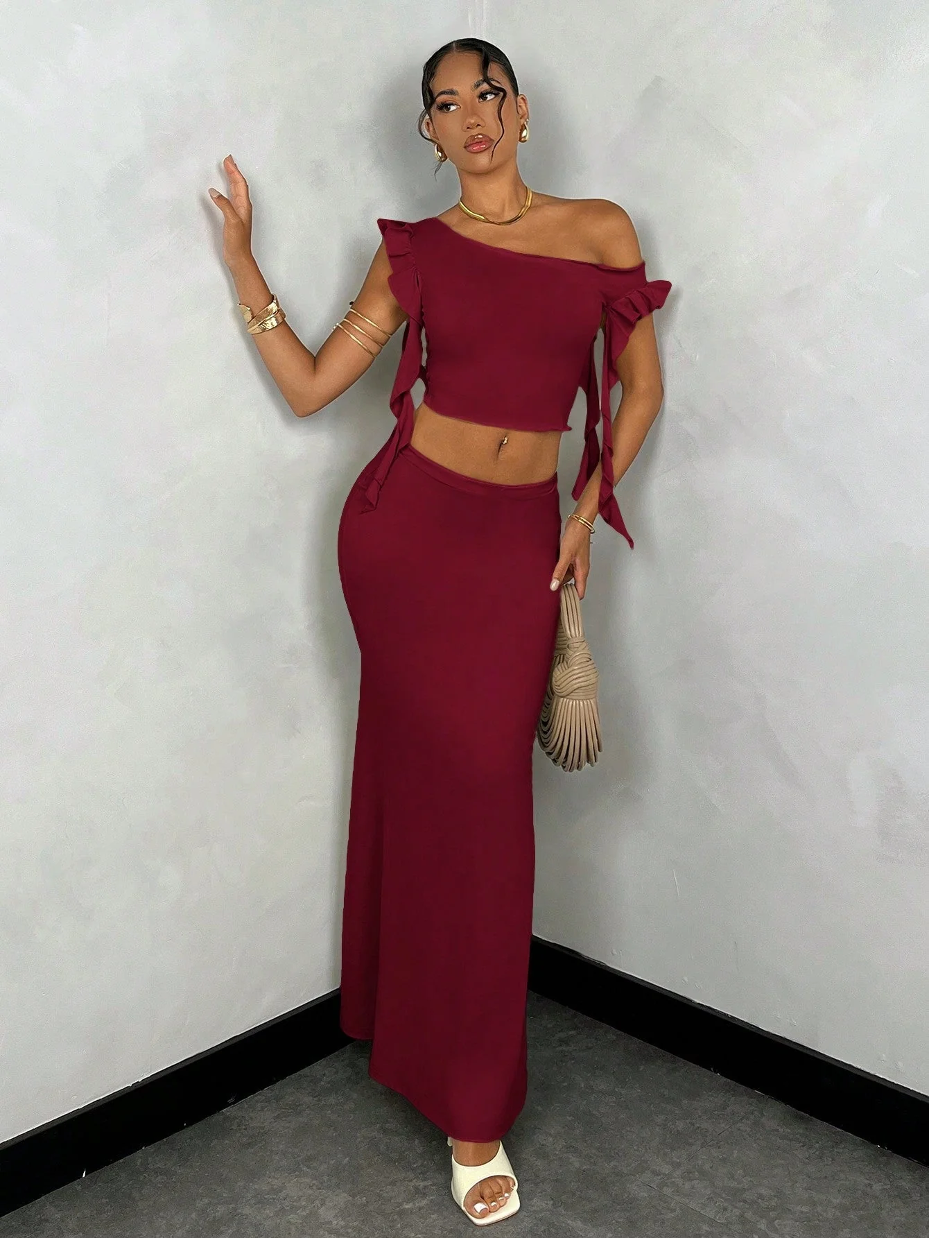 BAE Summer Solid Color Asymmetrical Neck Ruffle Top + Satin Mermaid Skirt - Image 3