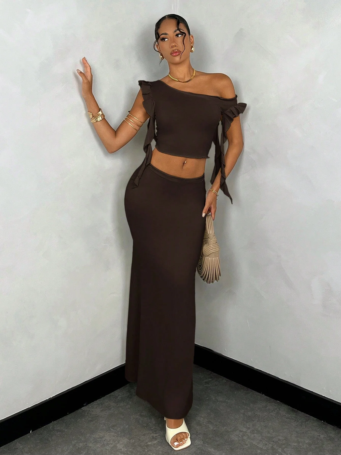BAE Summer Solid Color Asymmetrical Neck Ruffle Top + Satin Mermaid Skirt - Image 8