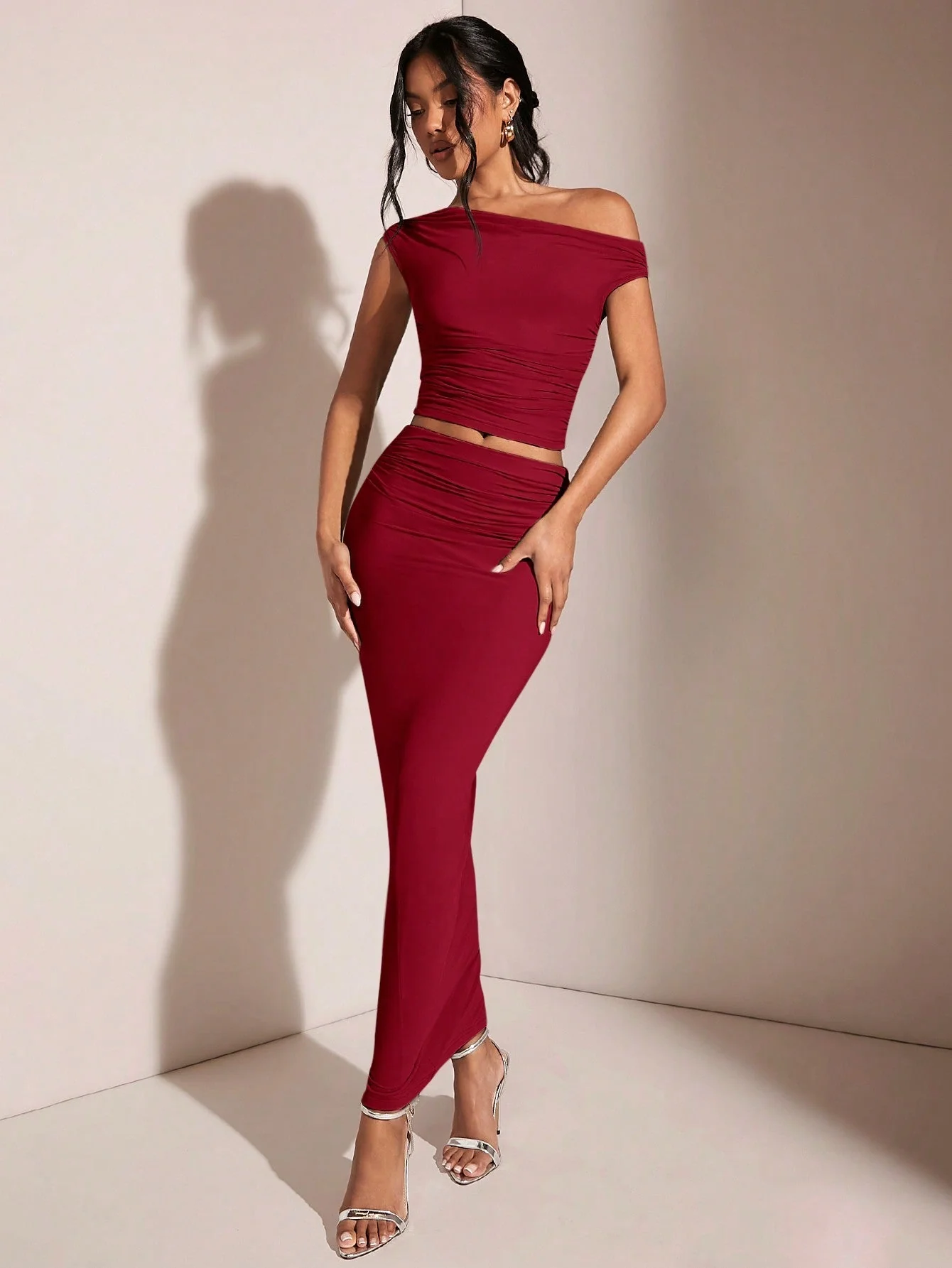 BAE Women's Asymmetric Neck Asymmetrical Neck Top And Pleated Elegant Skirt Set - Image 6